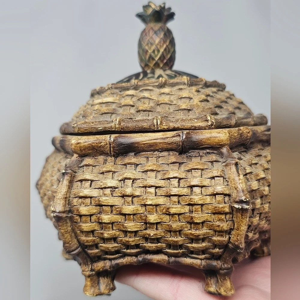 Unique Vintage Trinket Jewelry Box Chinese Style Woven Pineapple Lid Footed